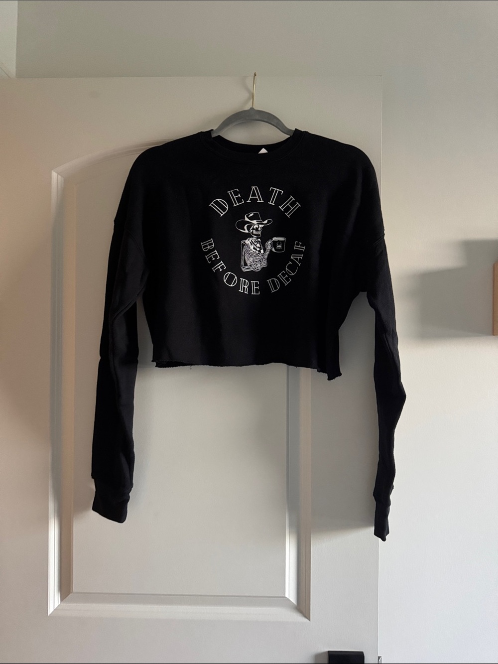 Death Before Decaf Black Cropped Graphic Sweater